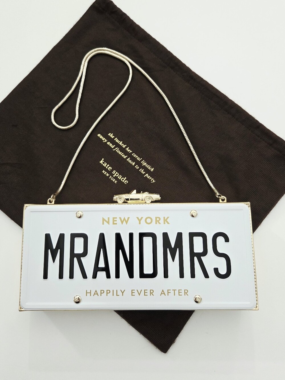 KATE SPADE WEDDING BELLES MR AND MRS LICENSE PLATE CLUTCH CROSSBODY CHAIN BAG